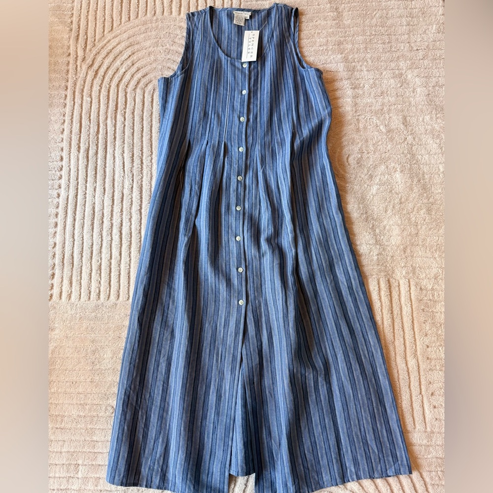Sleeveless Blue Striped Button-Front Dress